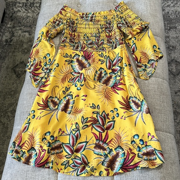 FARM RIO + ANTHROPOLOGIE SMOCKED MINI DRESS IN YELLOW TROPICAL SIZE XS - Picture 6 of 15